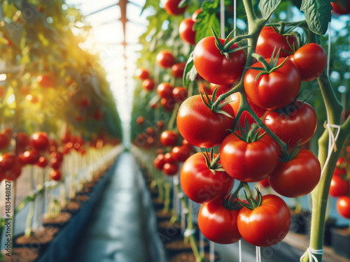 Ripe tomatoes on stem in greenhouse. Harvest season, environmentally friendly vegetable growing.
