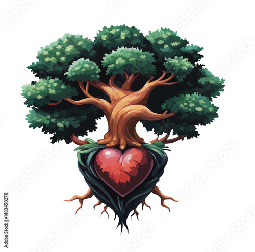 Stylized family tree with heart shape, symbolizing love and care in family, vector illustration on transparent background