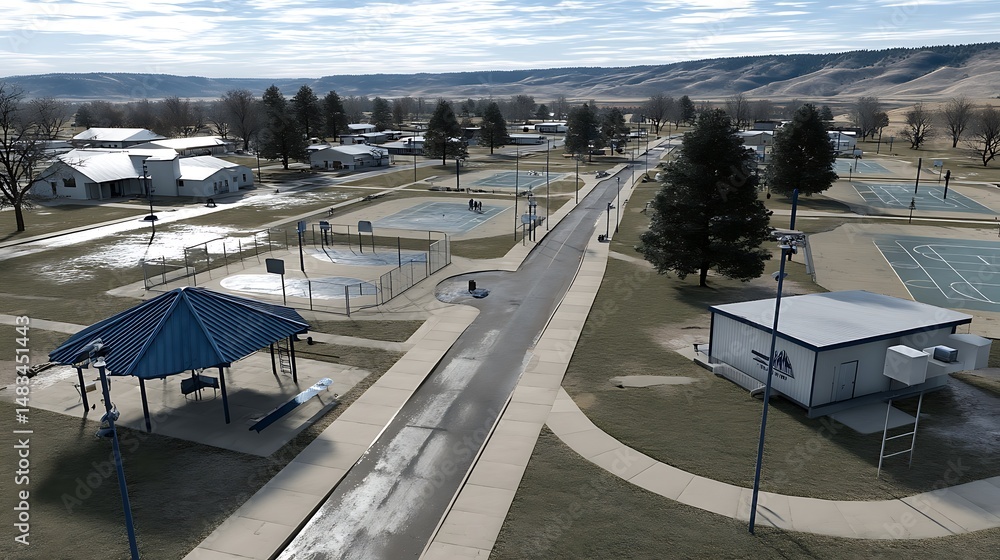 Fototapeta premium The photo depicts a wide shot of a community featuring a collection of buildings, green spaces, and recreational facilities