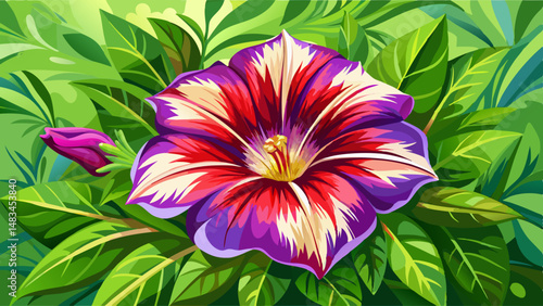 A beautiful, bright Petunia flower on a background of green leaves. Garden perennial plant. Soft selective focus.. very beautiful