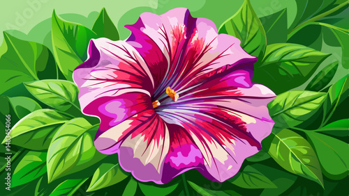 A beautiful, bright Petunia flower on a background of green leaves. Garden perennial plant. Soft selective focus.. very beautiful