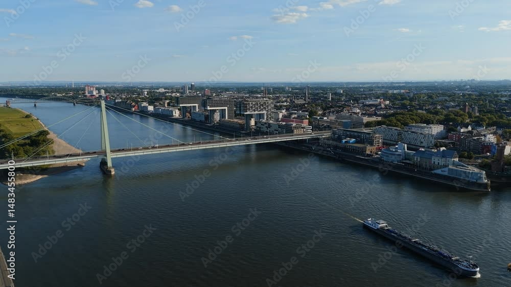 Aerial approach toward Rheinauhafen and Südbrücke in Cologne with river shadows Aerial approach toward Rheinauhafen and Südbrücke in Cologne with river shadows