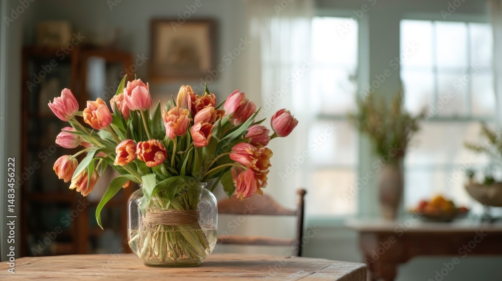 A farmhouse-inspired tulip arrangement sitting on a wooden kitchen table illuminated by gentle daylight A farmhouse-inspired tulip arrangement sitting on a wooden kitchen table illuminated by gentle daylight