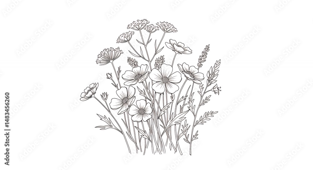 Fototapeta premium Detailed gray scale flowers and plants graphic design