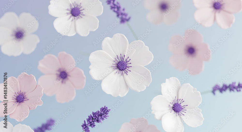 Fototapeta premium Floating Pastel Flowers and Lavender Sprigs