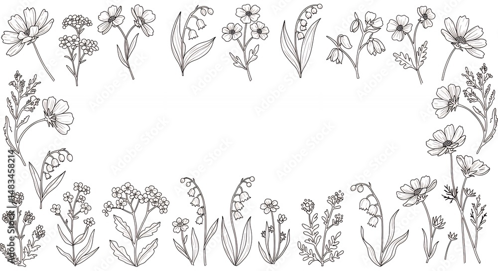 Fototapeta premium Floral line art border for design