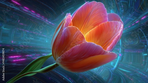 A futuristic tulip with vibrant neon petals pulsating in a glowing sci-fi environment