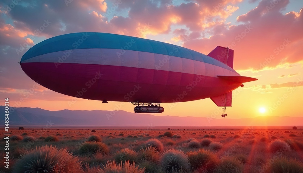 Large blimp, colorful fabric, sunrise backdrop, sky, view, above Large blimp, colorful fabric, sunrise backdrop, sky, view, above
