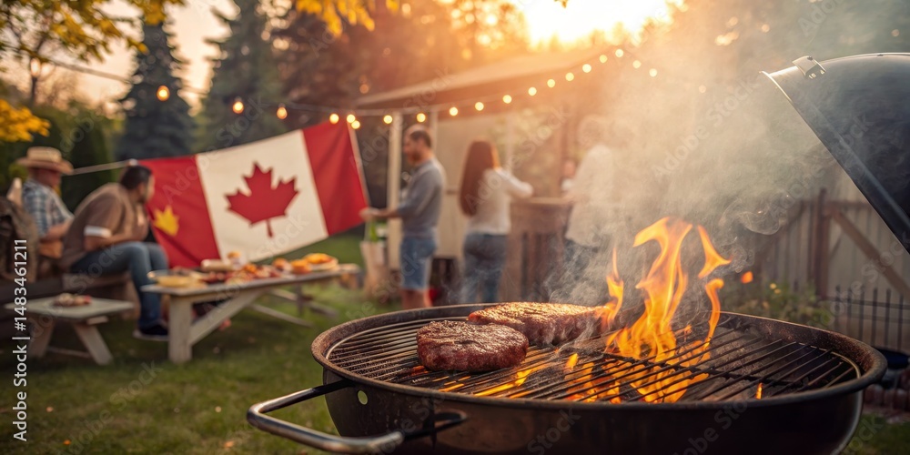 custom made wallpaper toronto digitalCanada Day Backyard BBQ Grilling Burgers at Sunset, Canadian Flag, Summer Party, Food. Canada Day, Backyard BBQ