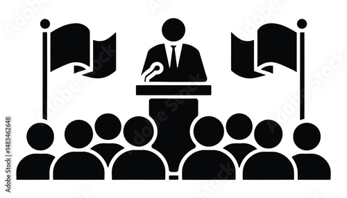 Public Speaking Icon Vector. Politician Giving Speech at Podium with Audience and Flags.
