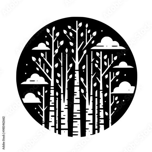 Black & White Aspen Grove in a Circle: Minimalist Forest Design
