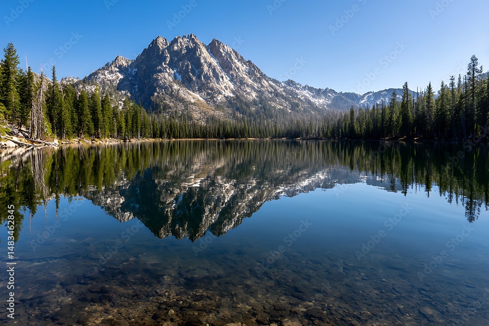 Fototapeta premium Snow Mountain Peaks Reflect on Still Lake Water Surface with Forest Trees