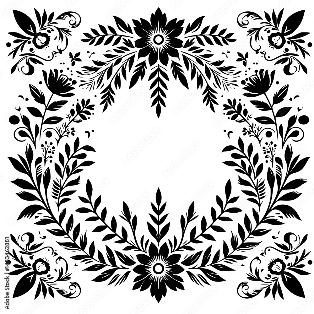 Elegant Floral Frame in Black & White, Ornate Botanical Design Elegant Floral Frame in Black & White, Ornate Botanical Design