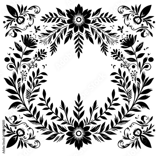 Elegant Floral Frame in Black & White, Ornate Botanical Design