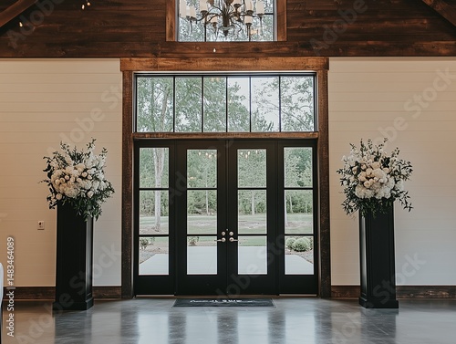 Entrance area to banquet hall with rustic floral arrangements on pedestals, warm and inviting.