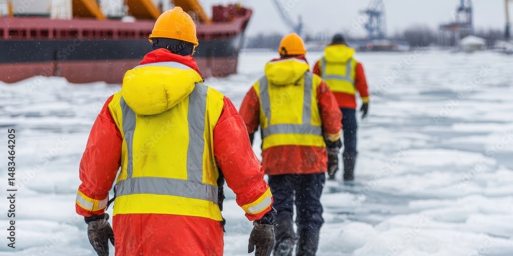 Obraz premium Workers in safety gear walk on icy terrain near a ship in a cold industrial port.