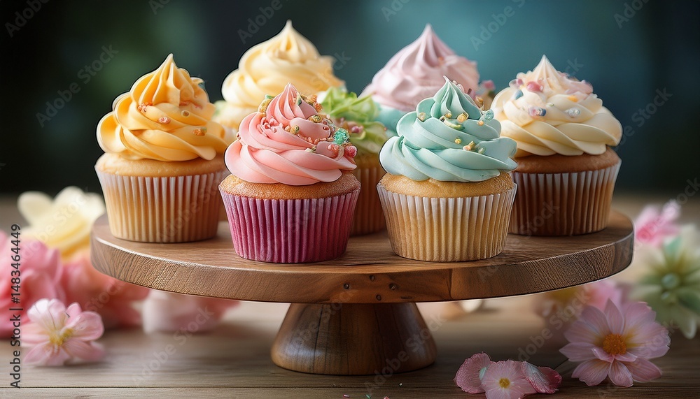 Pastellfarbene Cupcakes auf rustikalem Holz-Kuchenständer Pastellfarbene Cupcakes auf rustikalem Holz-Kuchenständer