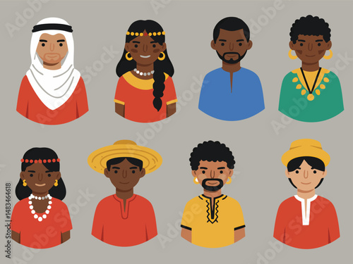 Diverse Global Portraits Eight Individuals in Traditional Attire