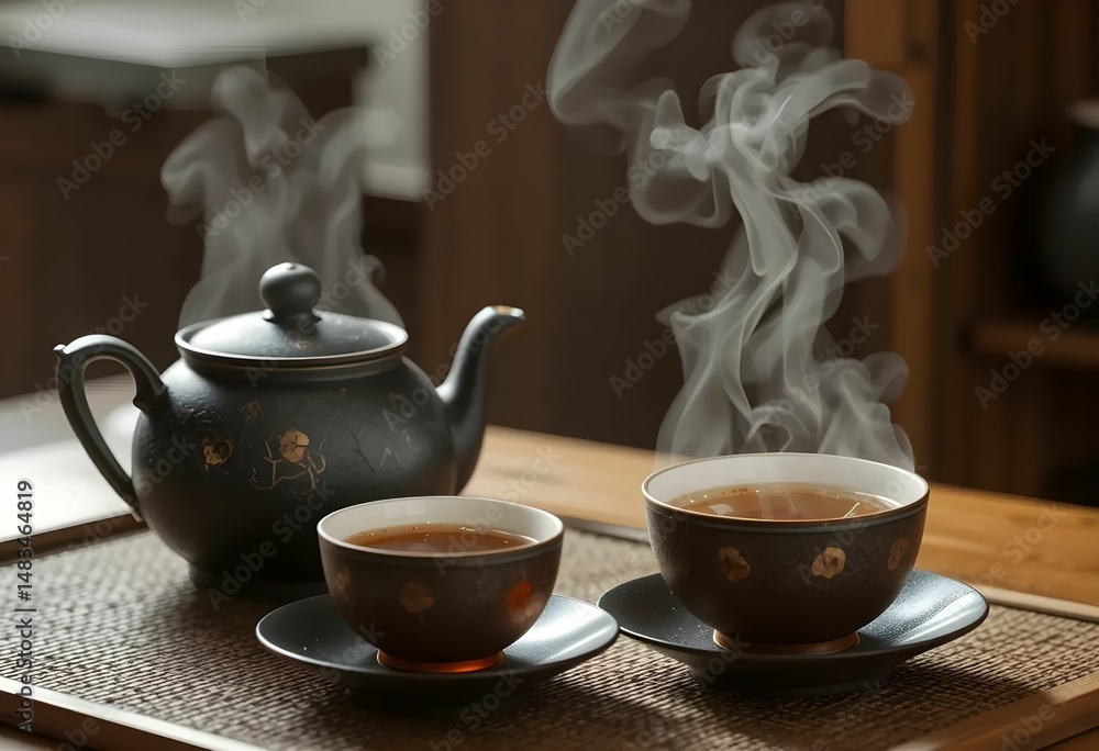 Obraz premium Image of Korean tea set with roasted barley tea, warm wood background and steam rising.