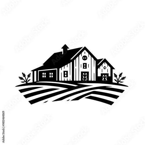 Black & White Farmhouse Illustration: Rural Icon, Countryside Design