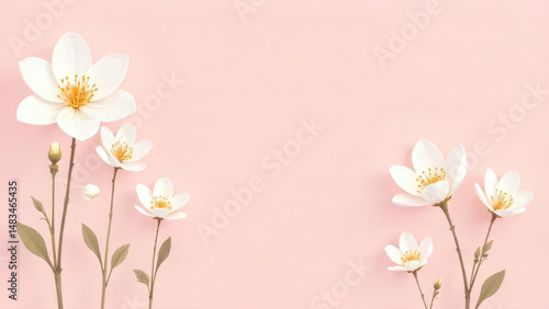 White delicate flowers with graceful petals on a pink background. Blooming primroses. Copy space for text.