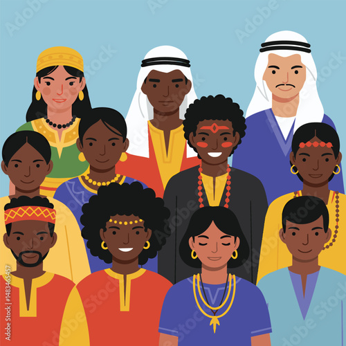 Diverse Group Portrait Smiling Faces in Traditional Attire (1)