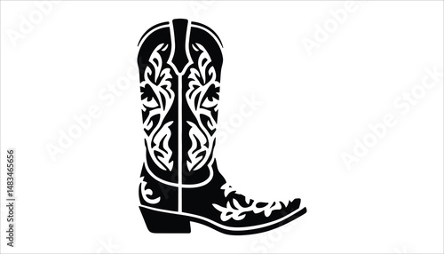 Cowboy Boot Silhouette Vector.  Western Rodeo Shoe with Vintage Decorative Design.