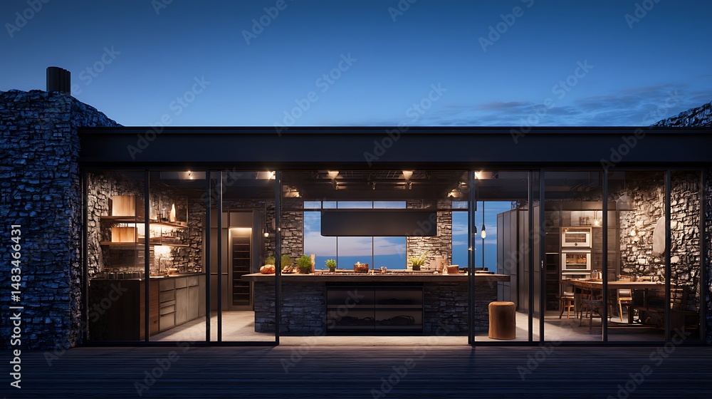 Gourmet kitchen with a entrance captured in twilight atmosphere, showing modern architecture, detailed textures, and clean surroundings. Gourmet kitchen with a entrance captured in twilight atmosphere, showing modern architecture, detailed textures, and clean surroundings.