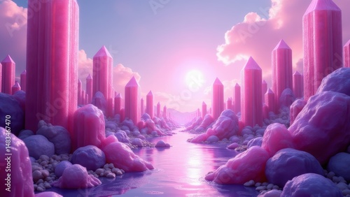 Dreamy Pink Crystal Landscape: Fantasy World with Quartz Pillars and Ethereal Sky