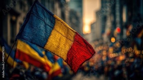 Romanian Flag in City: A vibrant Romanian flag, a symbol of national pride, waves proudly in the bustling city, capturing the essence of the nation's spirit and history. photo