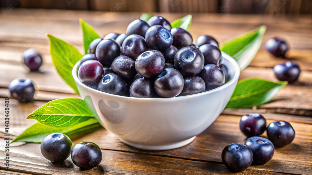 Fresh Acai berries in a white bowl with green leaves on a wooden table Fresh Acai berries in a white bowl with green leaves on a wooden table