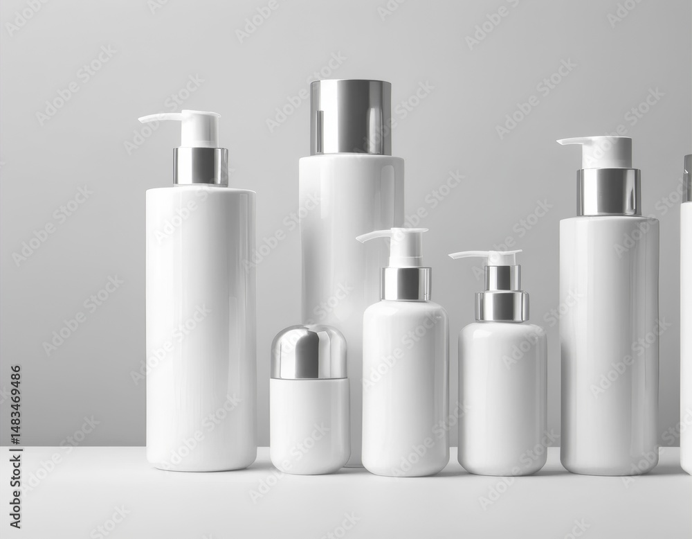 Elegant Collection of White Cosmetic Bottles with Silver Caps Elegant Collection of White Cosmetic Bottles with Silver Caps