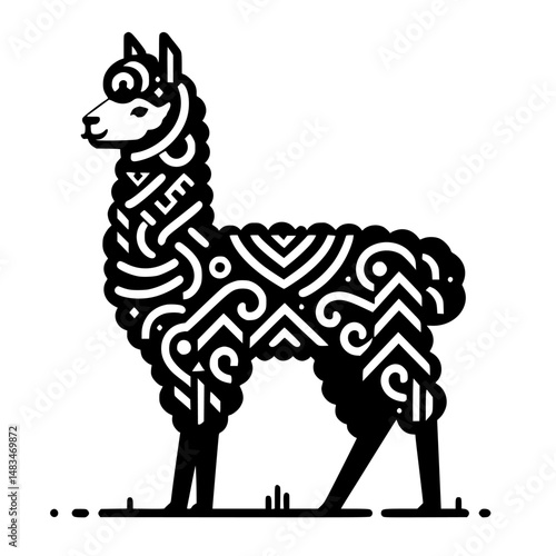 Stylized Black and White Alpaca Illustration with Decorative Patterns