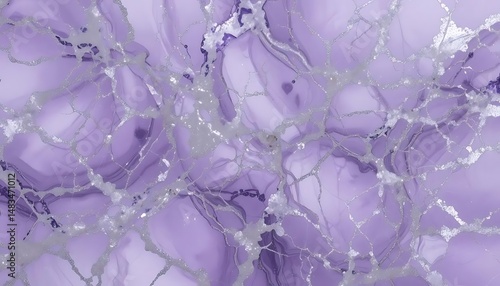 Elegant swirling purple ink background with shimmering silver accents creating a luxurious and fluid abstract design perfect for modern artistic applications and sophisticated visual projects.