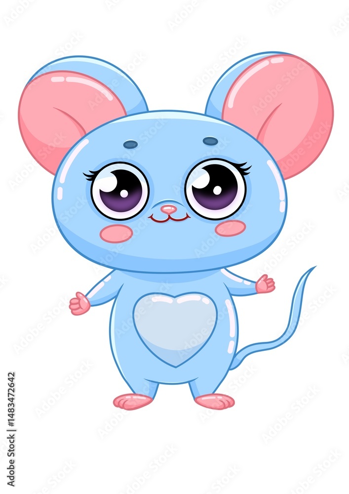 Obraz premium Cute blue cartoon mouse with heart belly and big eyes on white background