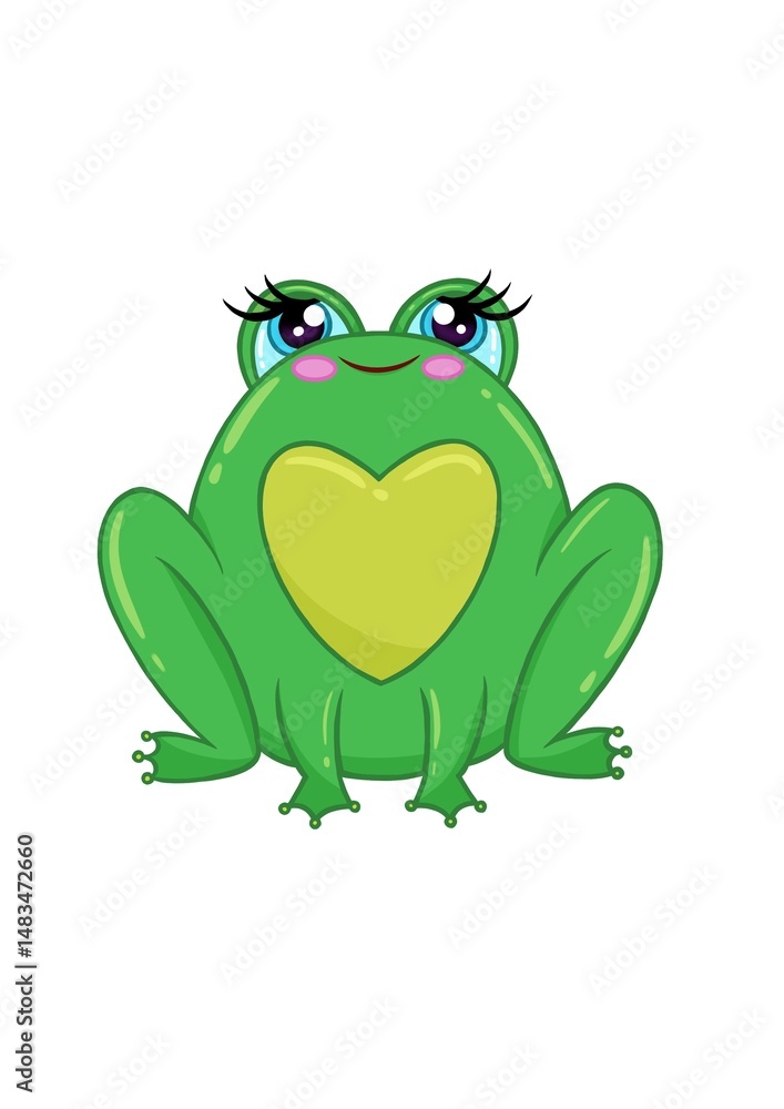 Obraz premium Cute cartoon frog with heart-shaped marking and big blue eyes on white background