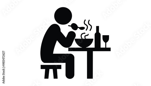 Dining Icon Vector. Person Eating Food with Spoon at Restaurant Table Illustration.