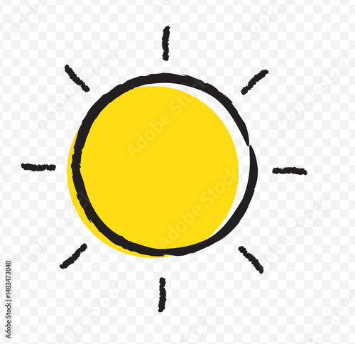 Crayon kids summer drawing. Pastel sun illustration. Chalk and colored pencil hand drawn on Transparent Background. EPS 10.