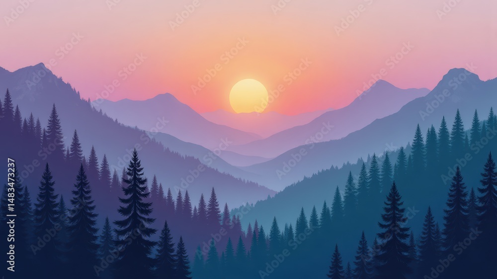 Obraz premium Mountain Landscape Sunset: Pine Forest, Silhouette Layers, and Pastel Sky - Vector Illustration for Nature, Travel, and Design