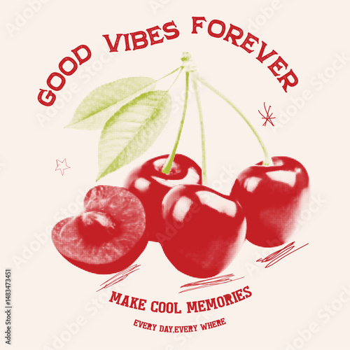 Cherry vector graphics, text print design, heart shape with cherry t-shirt design, good vibes forever slogan, hand drawn cherry with hand writing text font summer t-shirt, sweatshirt vector graphics