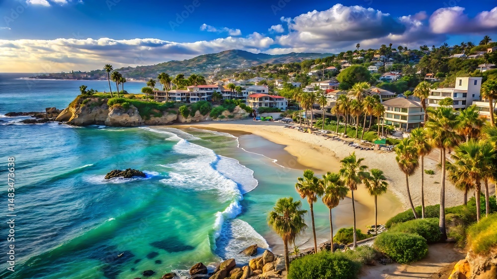 Fototapeta premium Beautiful coastal scenery featuring turquoise ocean water and tropical beach with palm trees