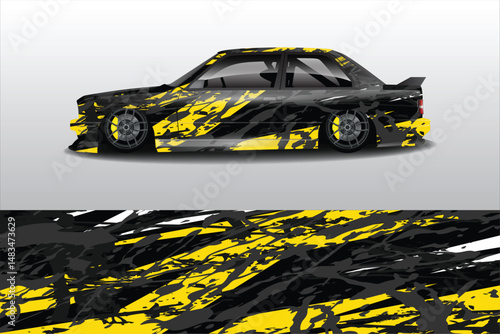 Stylish racing car design with abstract paint splashes