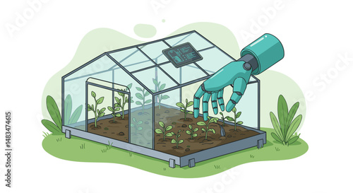 Smart robot arm tending to plants inside modern greenhouse  