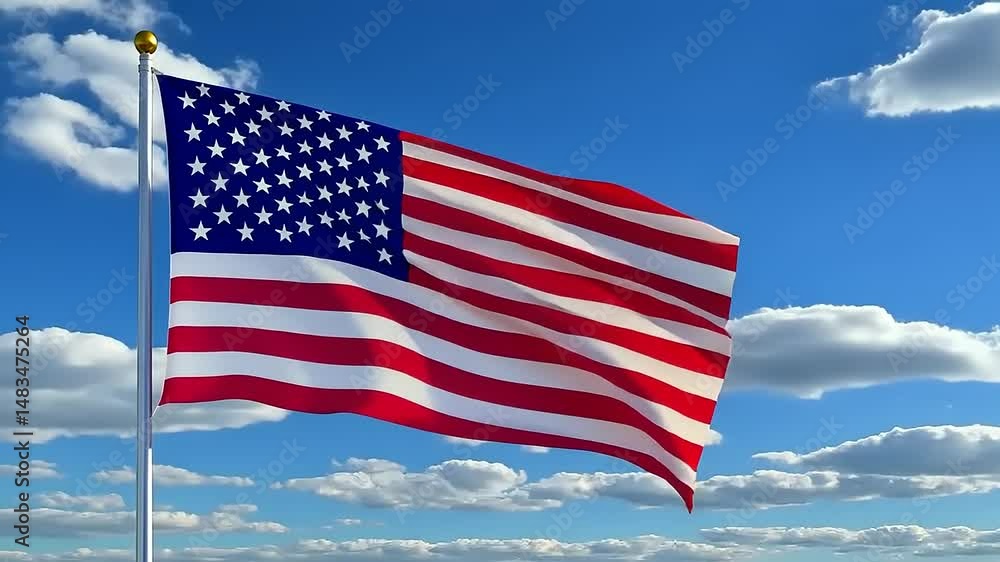 American flag waving under a bright blue sky with fluffy white clouds in the background American flag waving under a bright blue sky with fluffy white clouds in the background