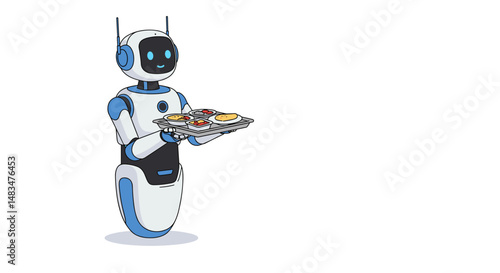 Robot waiter serving food on a tray in a minimalist design  