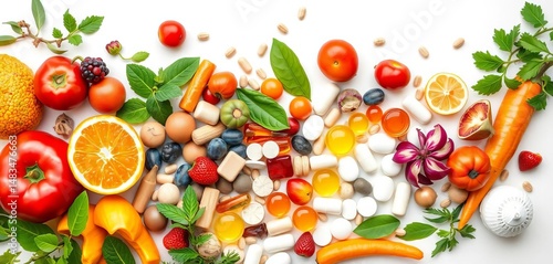Wallpaper Mural Vibrant mix of vitamins, supplements, fresh fruit & herbs on white ,  power, freshness Torontodigital.ca