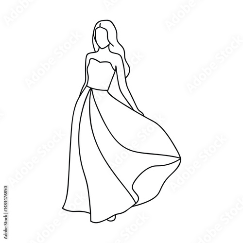 Elegant woman in a flowing gown, line art illustration