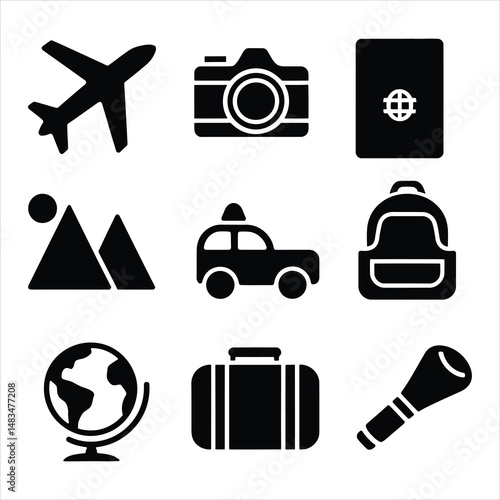 Travel Icons Vector Set Airplane, Camera, Passport, Car, Backpack, Globe, Luggage, and Exploration Symbols