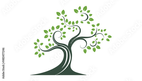 Elegant Tree of Life Vector. Swirly Branches and Green Leaves Nature Logo Design.
