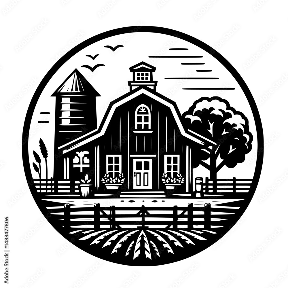 Fototapeta premium Farmhouse Illustration in Circle, Black & White, Rural Landscape